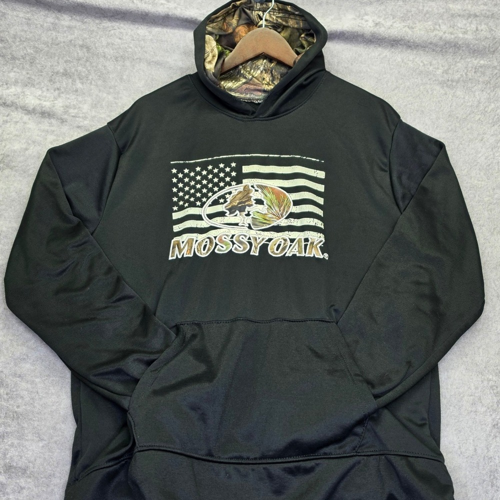 Mossy Oak Mens XL Black Performance American Flag Camo Logo Hoodie RN151232